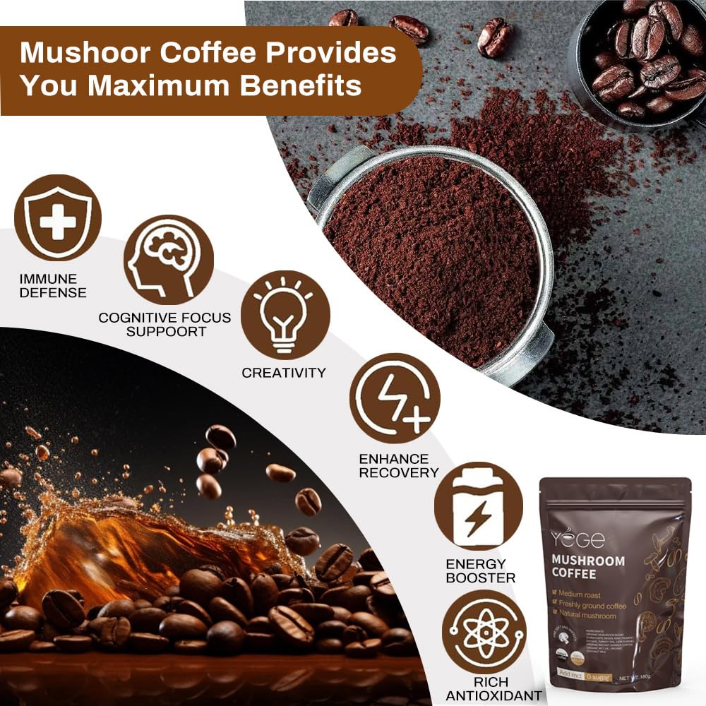 YEGE ingredients collage highlights cordyceps, reishi, and lion's mane.