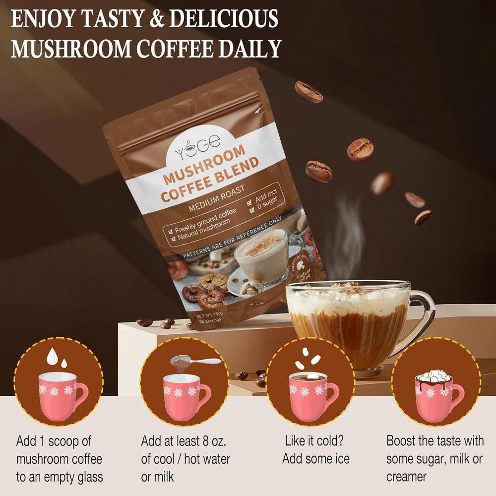 YEGE Mushroom Coffee ready to energize your day with sustained focus.