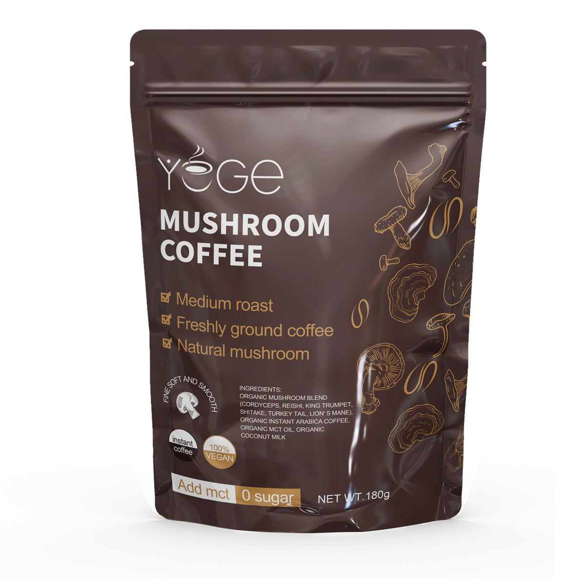 YEGE mushroom coffee package front showcasing premium energy blend.