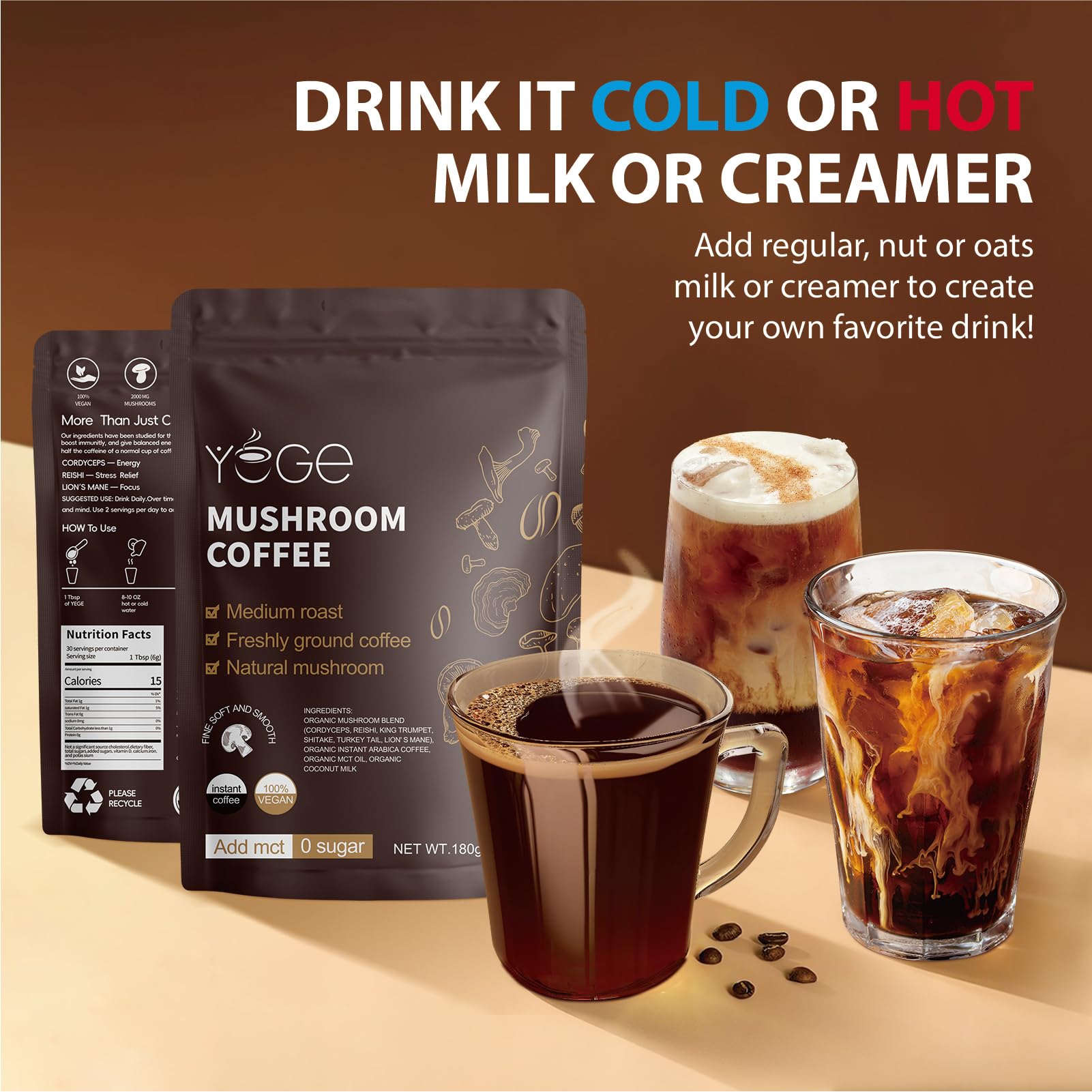 YEGE mushroom coffee with creamer demonstrates versatile serving options.