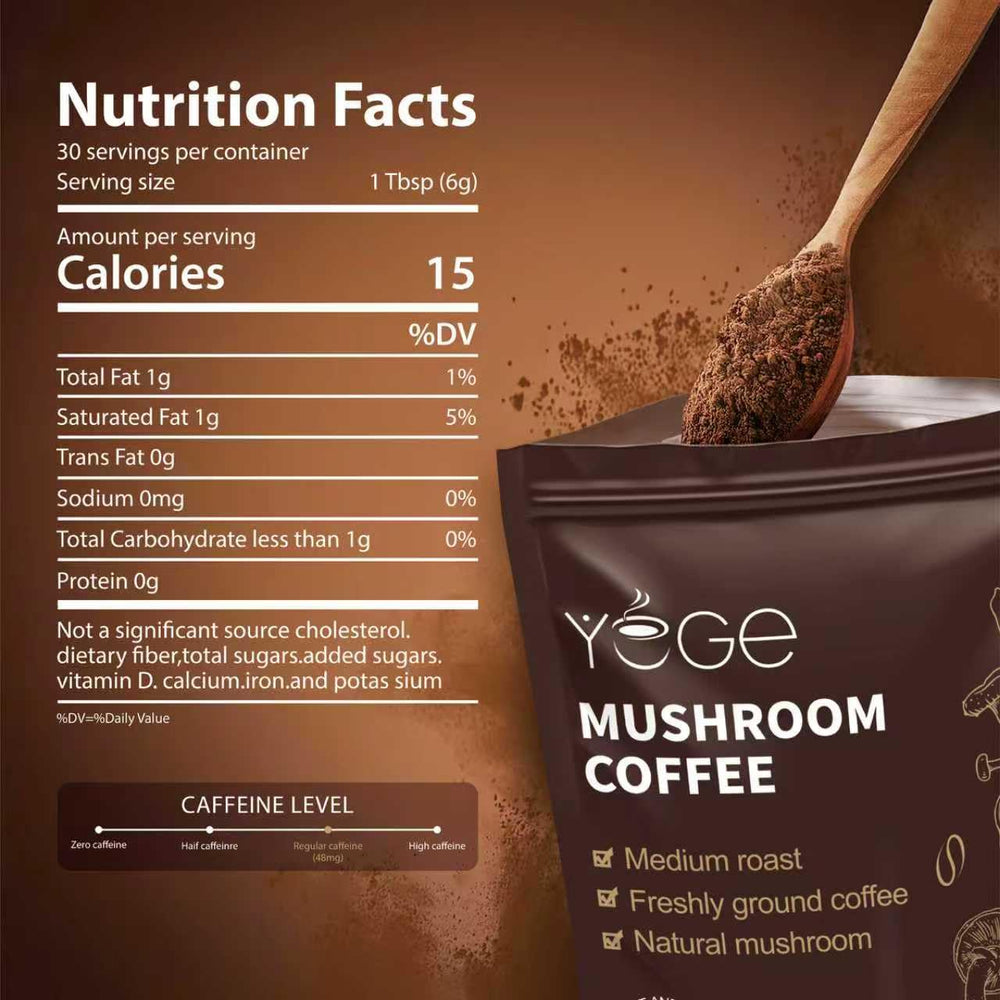 YEGE powder scoop with mushrooms ready for quick, convenient mix.