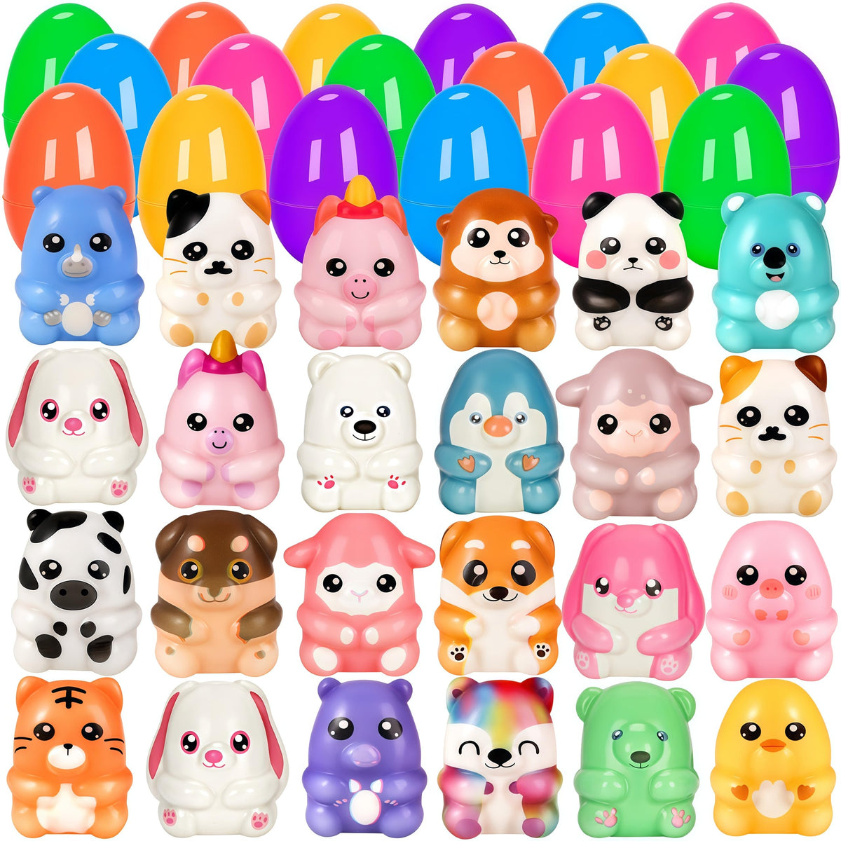 YEGEER Easter eggs with squishy toys; colorful set for Easter hunts and rewards.