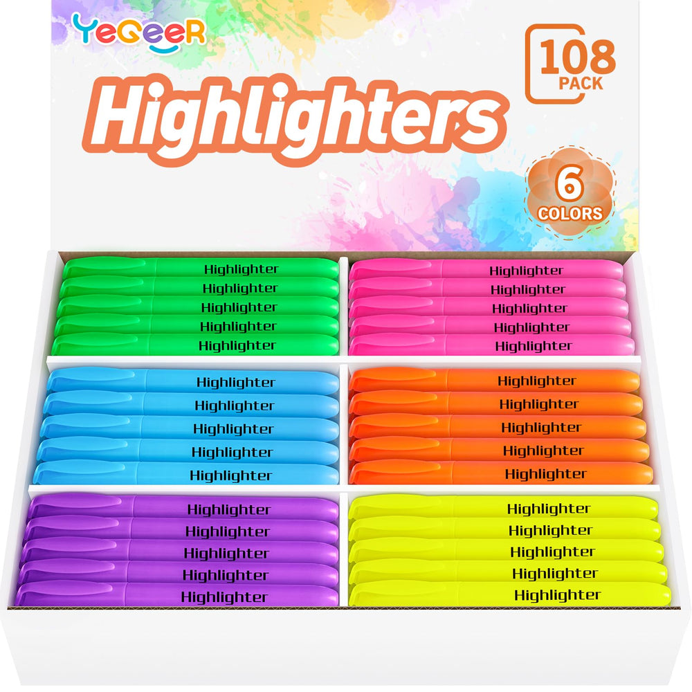 YEGEER bulk highlighters 108-count in six colors inside a sturdy outer box.