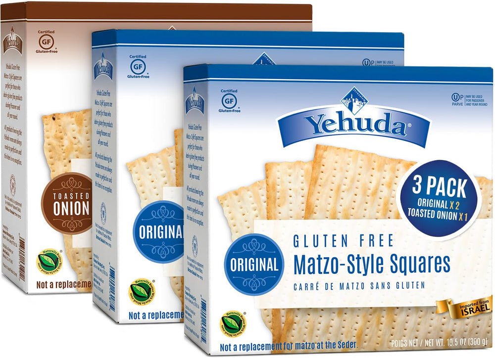 Yehuda gluten-free matzo original pack front, crisp squares for dipping and snacking