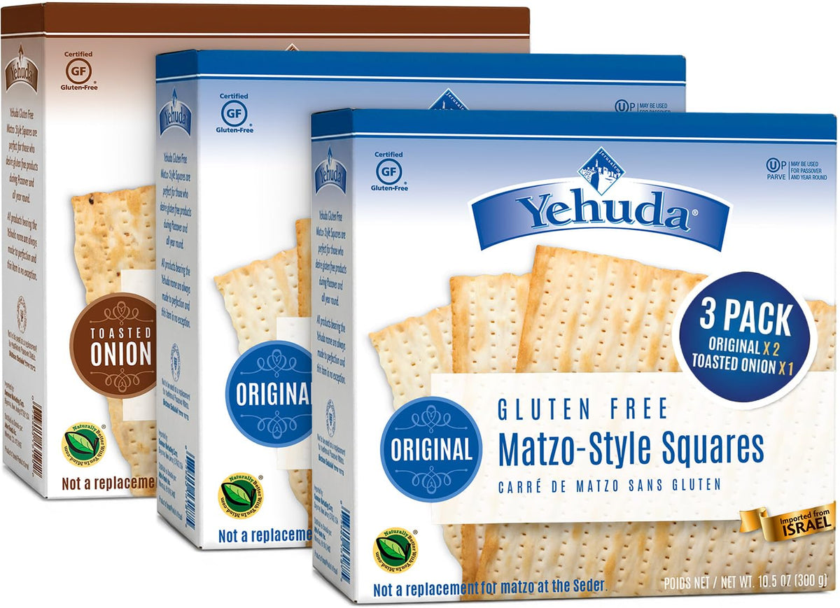 Yehuda gluten-free matzo original pack front, crisp squares for dipping and snacking