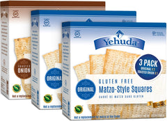 Yehuda gluten-free matzo original pack front, crisp squares for dipping and snacking