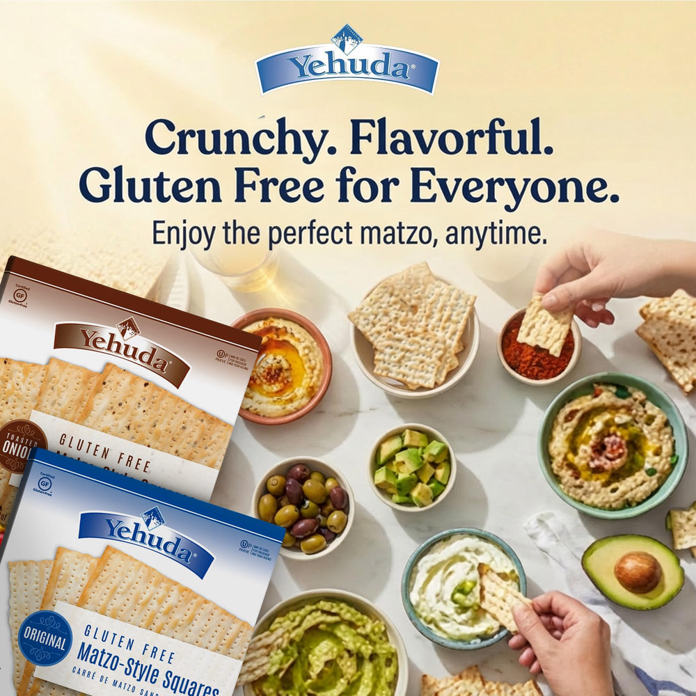 Yehuda gluten-free matzo toasted onion pack front, savory crunch for dips