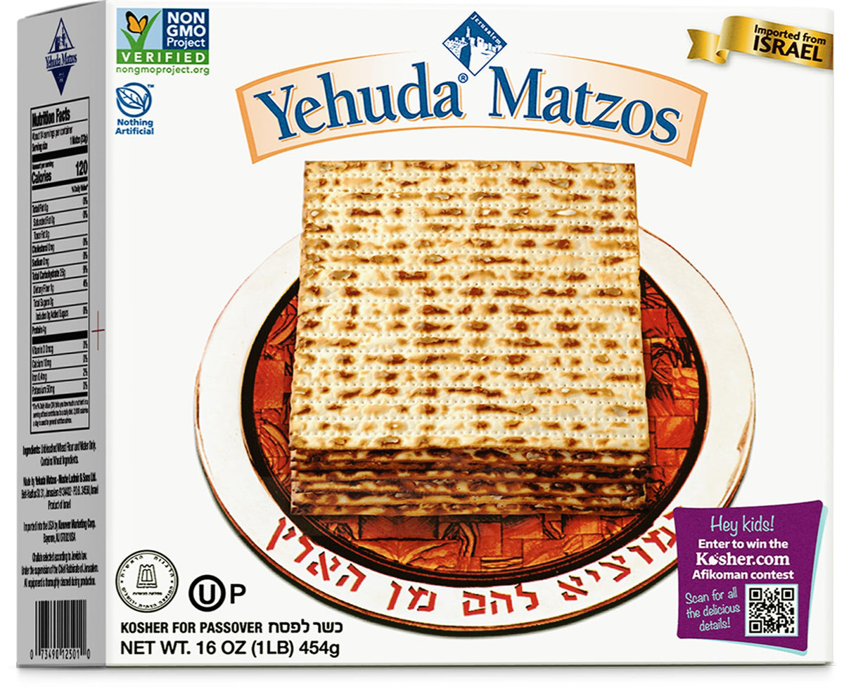 Yehuda Passover Matzo pack shot, crisp crackers ready to enjoy solo or with toppings.
