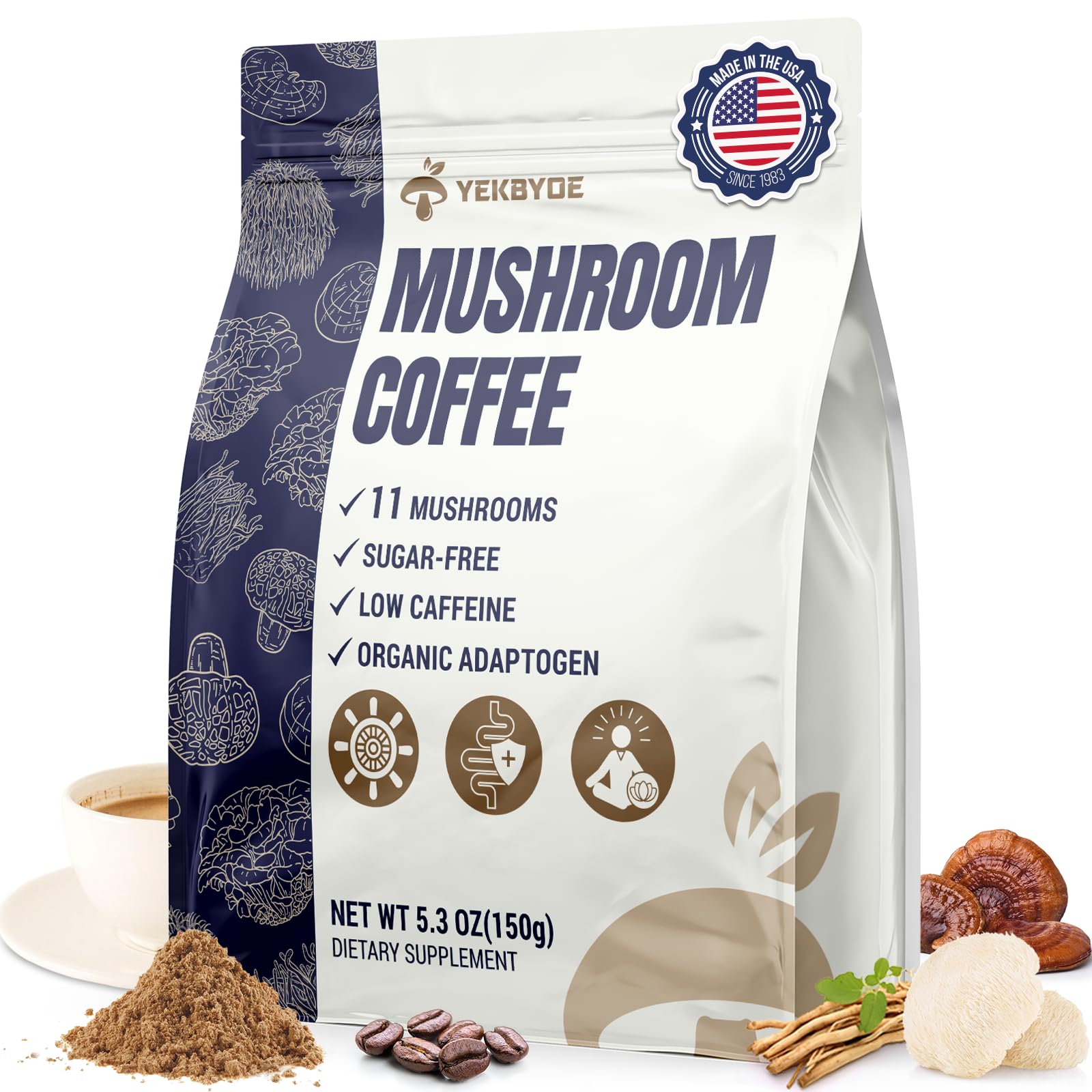 YEKBYOE Mushroom Coffee bag-front showing 11-mushroom blend for energy
