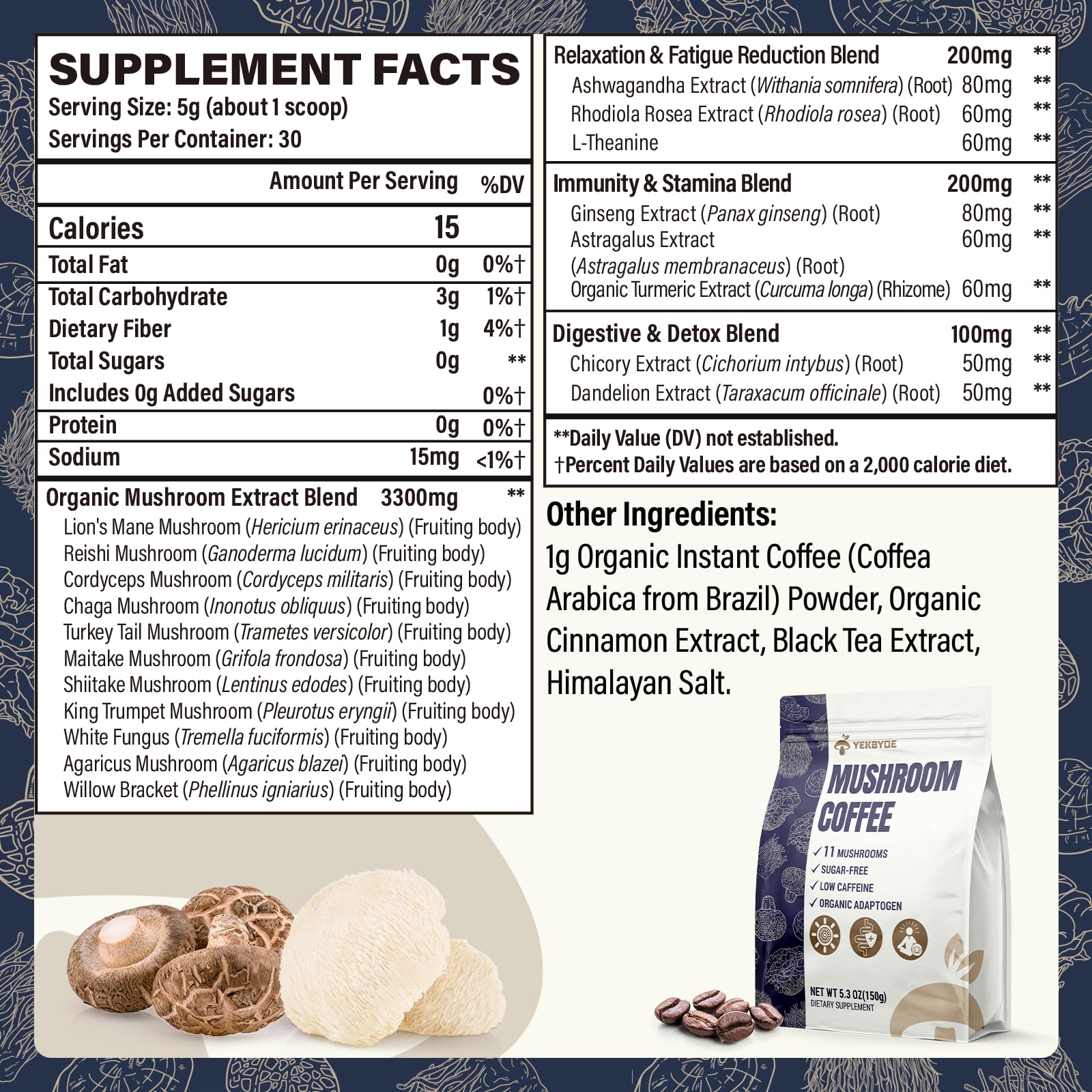 YEKBYOE Mushroom Coffee label highlighting ingredients