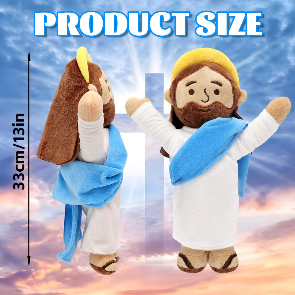 Yelakey 13in Jesus plush with brown robe and red shawl, warm home ambiance.