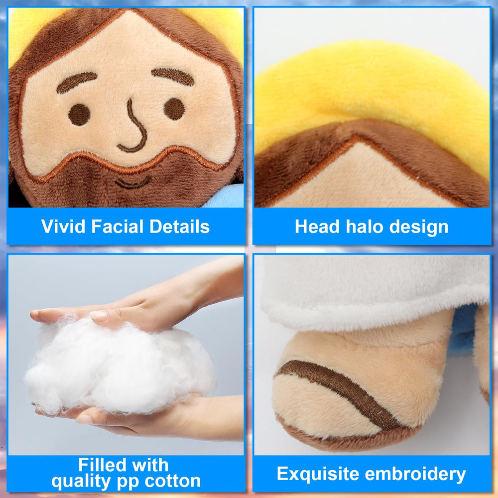 Yelakey light-skinned Jesus plush in blue shawl, soothing spiritual decor.