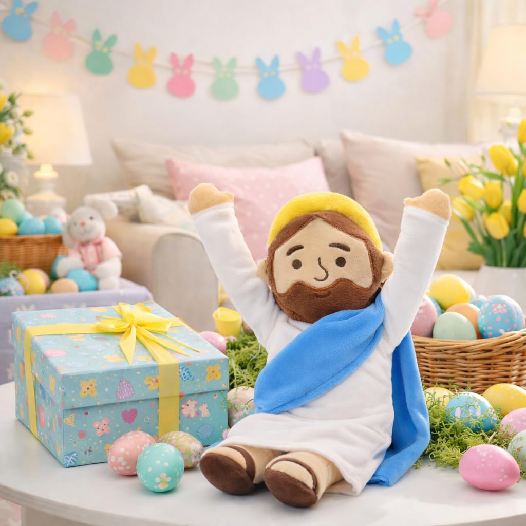 Yelakey light-skinned Jesus plush in red shawl, inviting prayer and comfort.