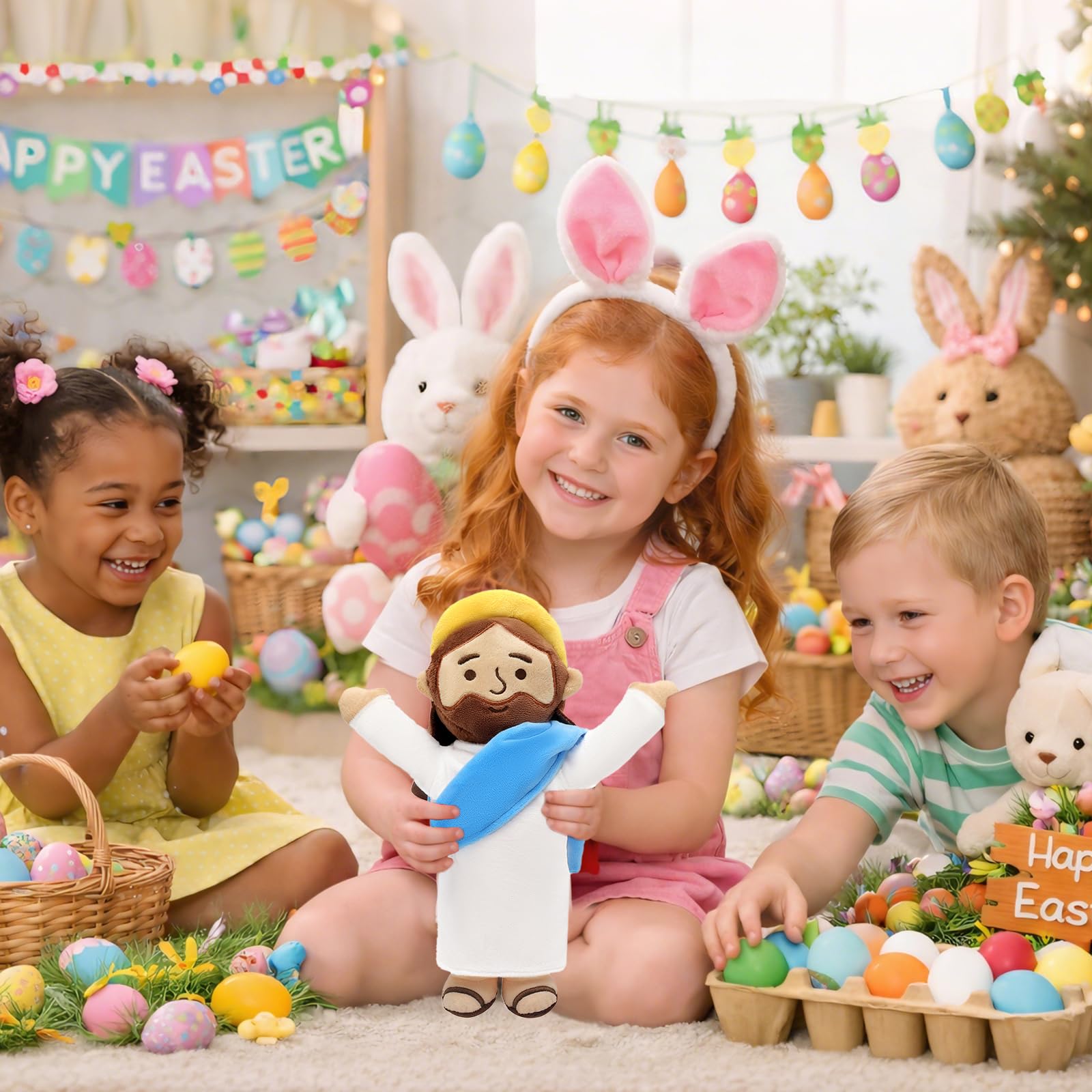 Yelakey Jesus plush open-arm gesture, ideal for kids Easter or Christmas gifts.