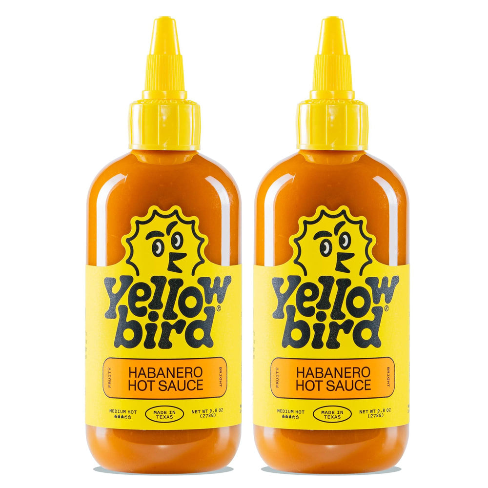 Yellowbird Classic Habanero Hot Sauce bottle front shows bright, fruity heat for everyday meals.