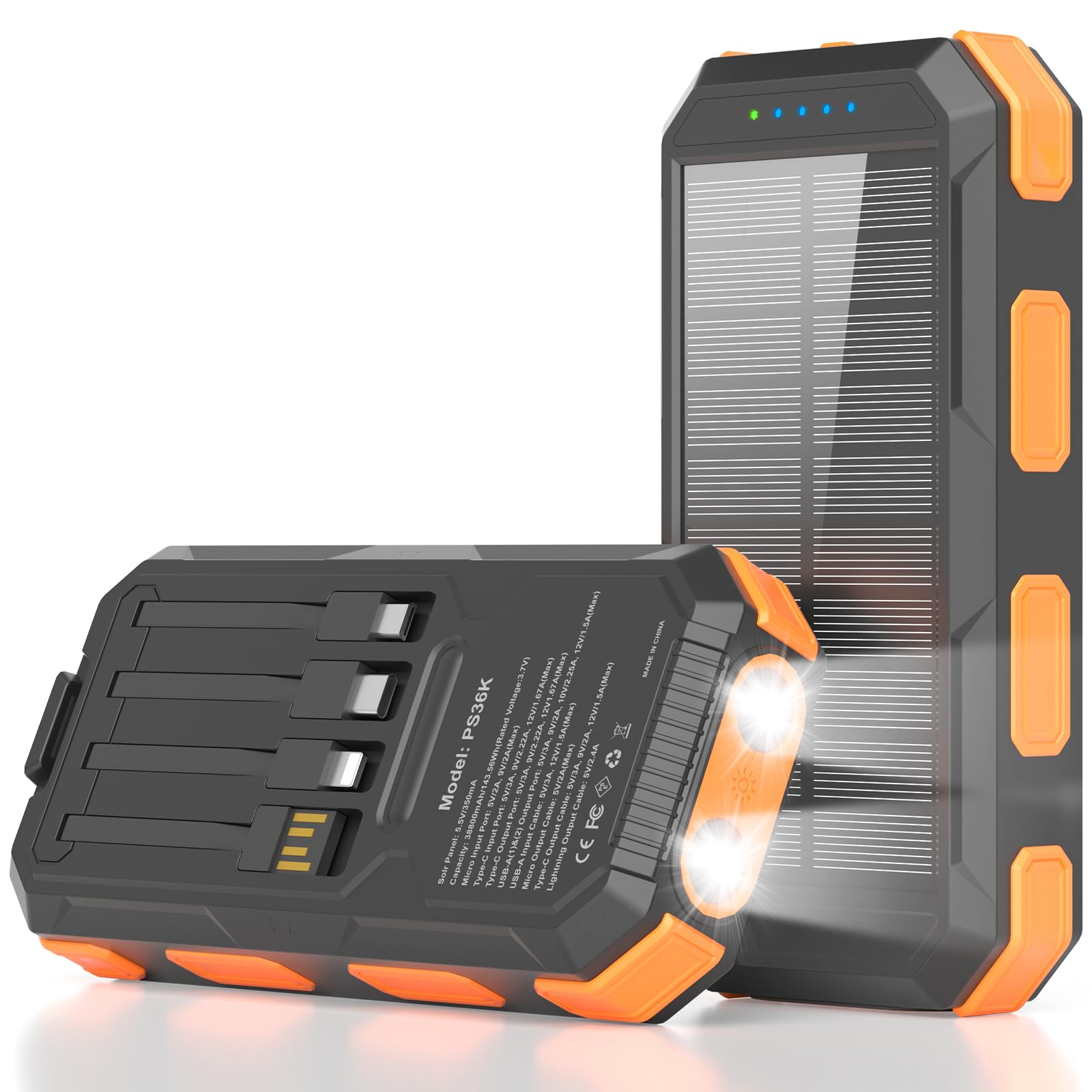 YELOMIN solar charger 38800mAh front view shows built-in cables for clutter-free charging.