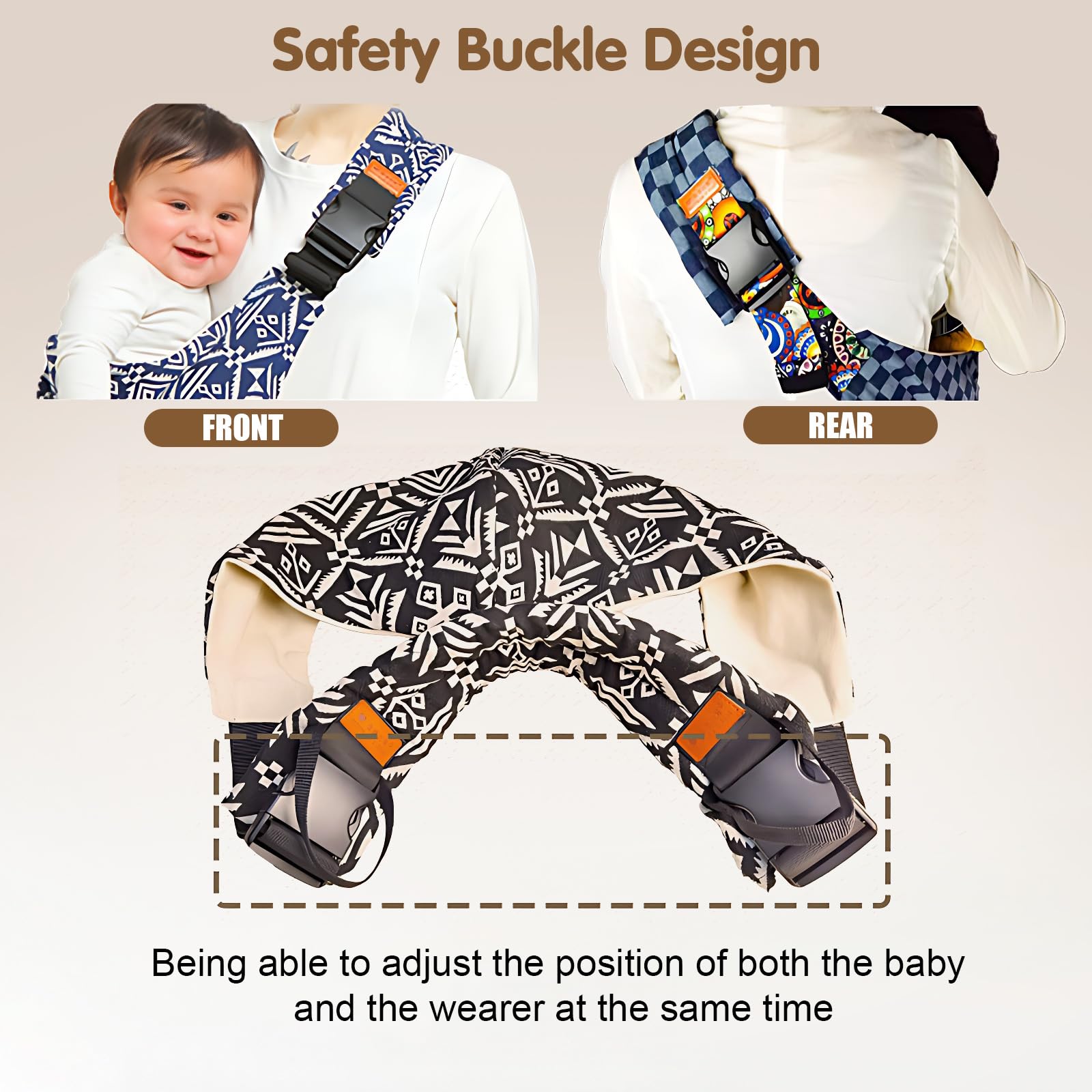 Yemyig carrier showing front and back safety buckles for secure use
