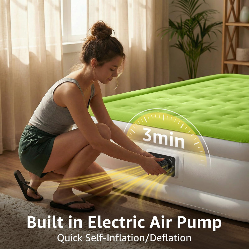 YENING full-size air mattress inflates with built-in pump for easy storage