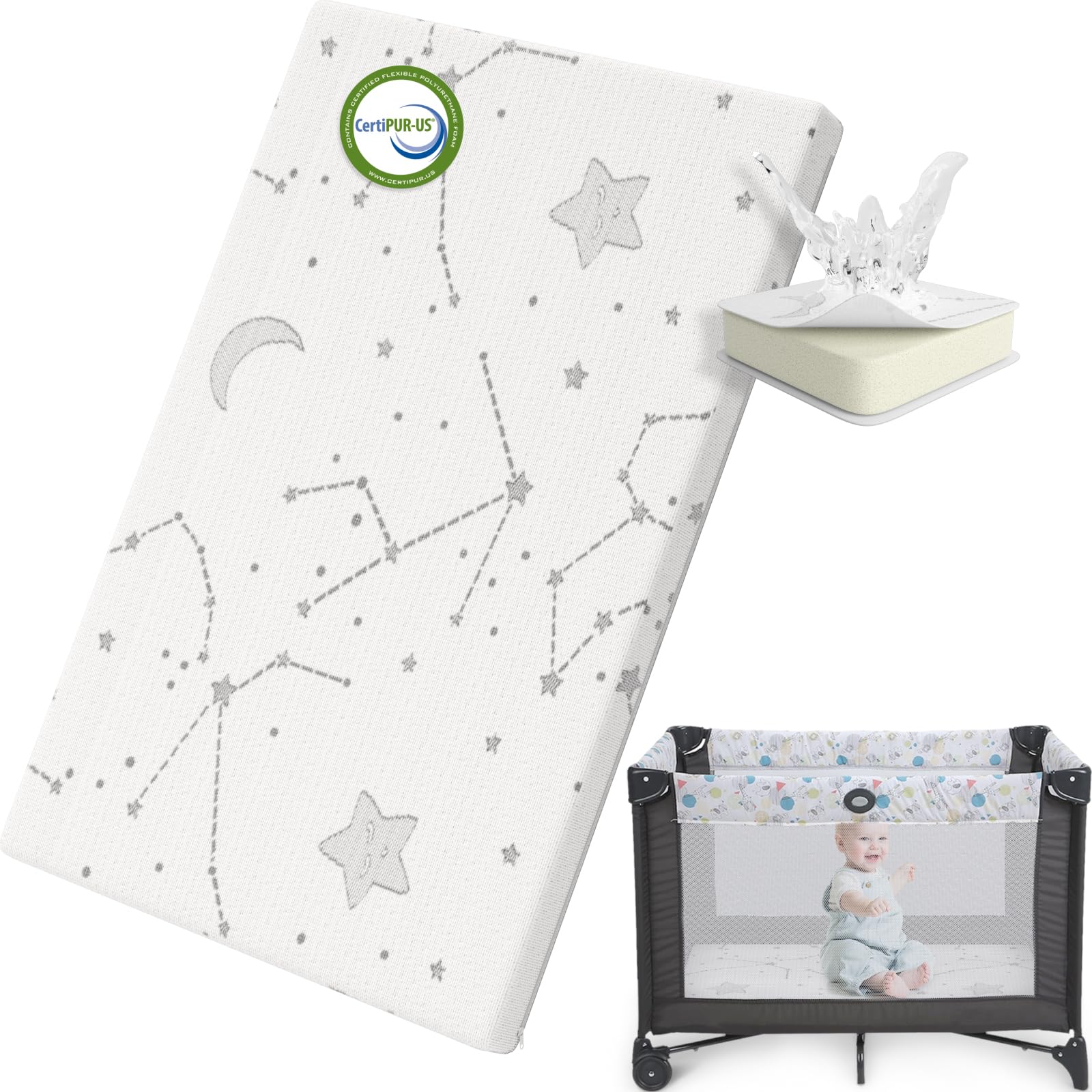 YENING pack and play topper fits snugly in a 38x26 playpen for mess-free naps.