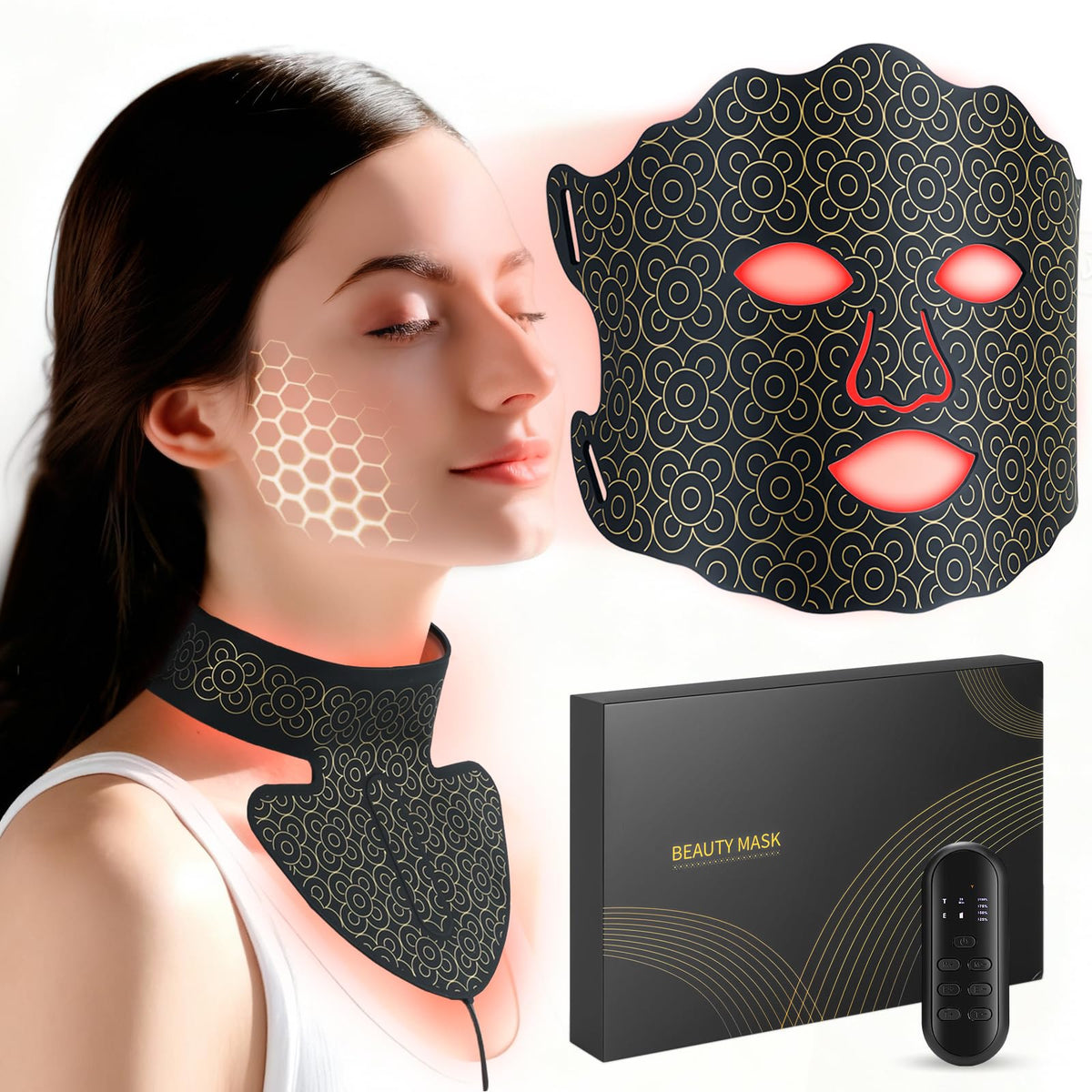 Yenjuty red light face mask close-up showing a spa-like home treatment