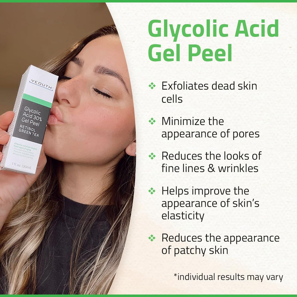 YEOUTH exfoliating gel with retinol and green tea for gentle exfoliation.