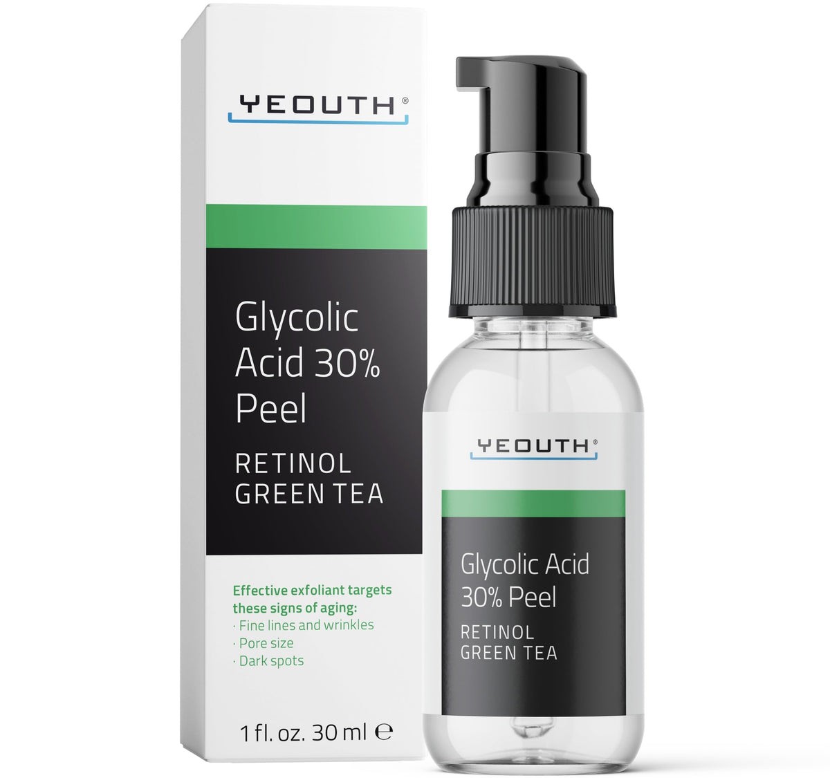 YEOUTH glycolic acid peel bottle for smoother, refreshed skin.