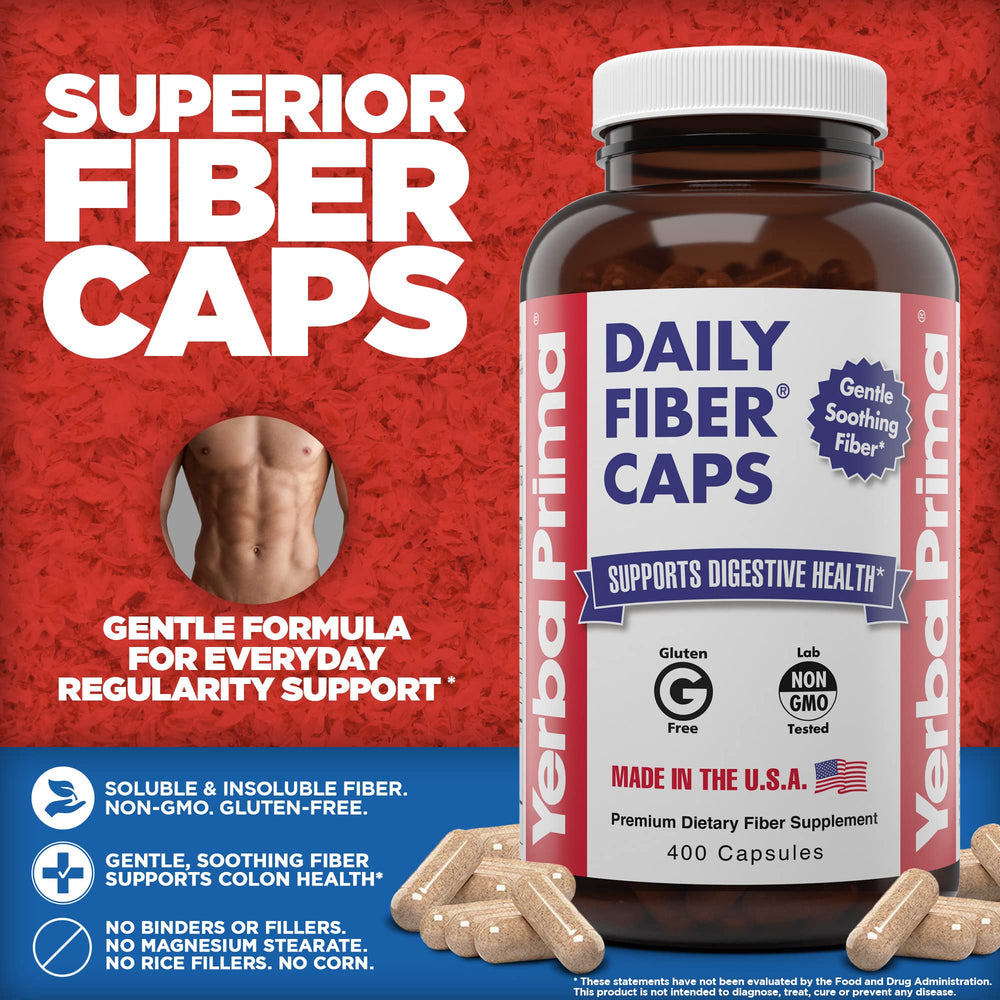 Open bottle of Yerba Prima Daily Fiber Caps showing capsules for easy daily fiber intake.