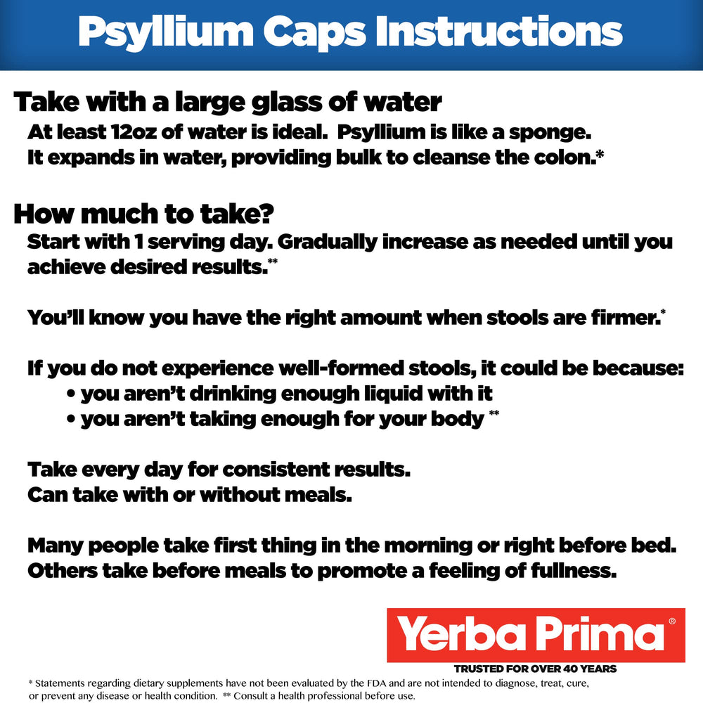 Yerba Prima daily fiber routine with psyllium husk capsules.