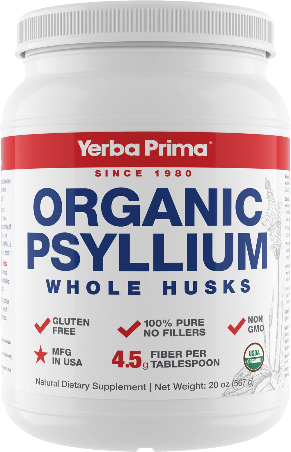 Yerba Prima Psyllium bottle showing pure whole husk fiber for daily dietary support