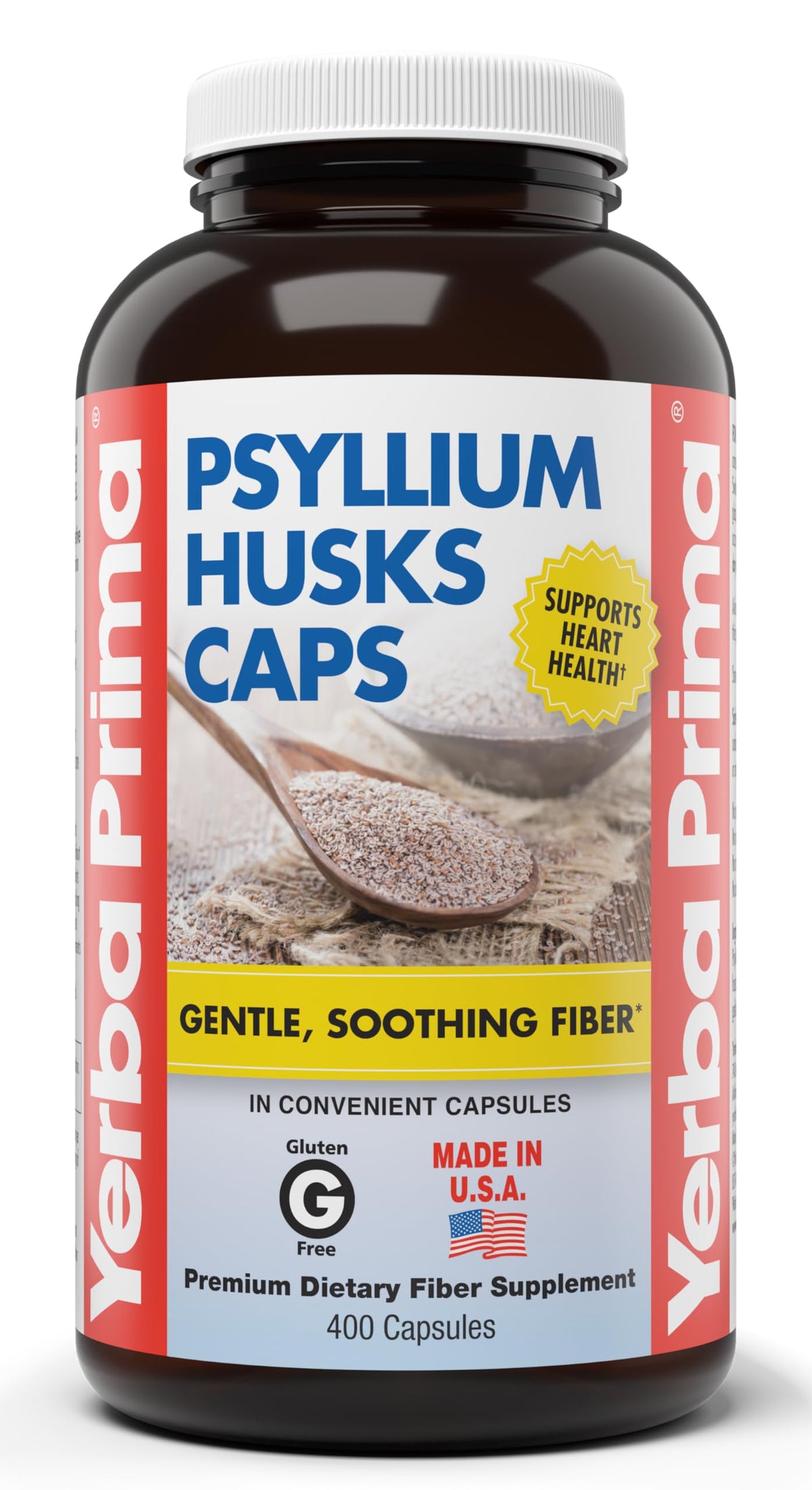 Yerba Prima Psyllium Husks Caps bottle front view for daily fiber support.