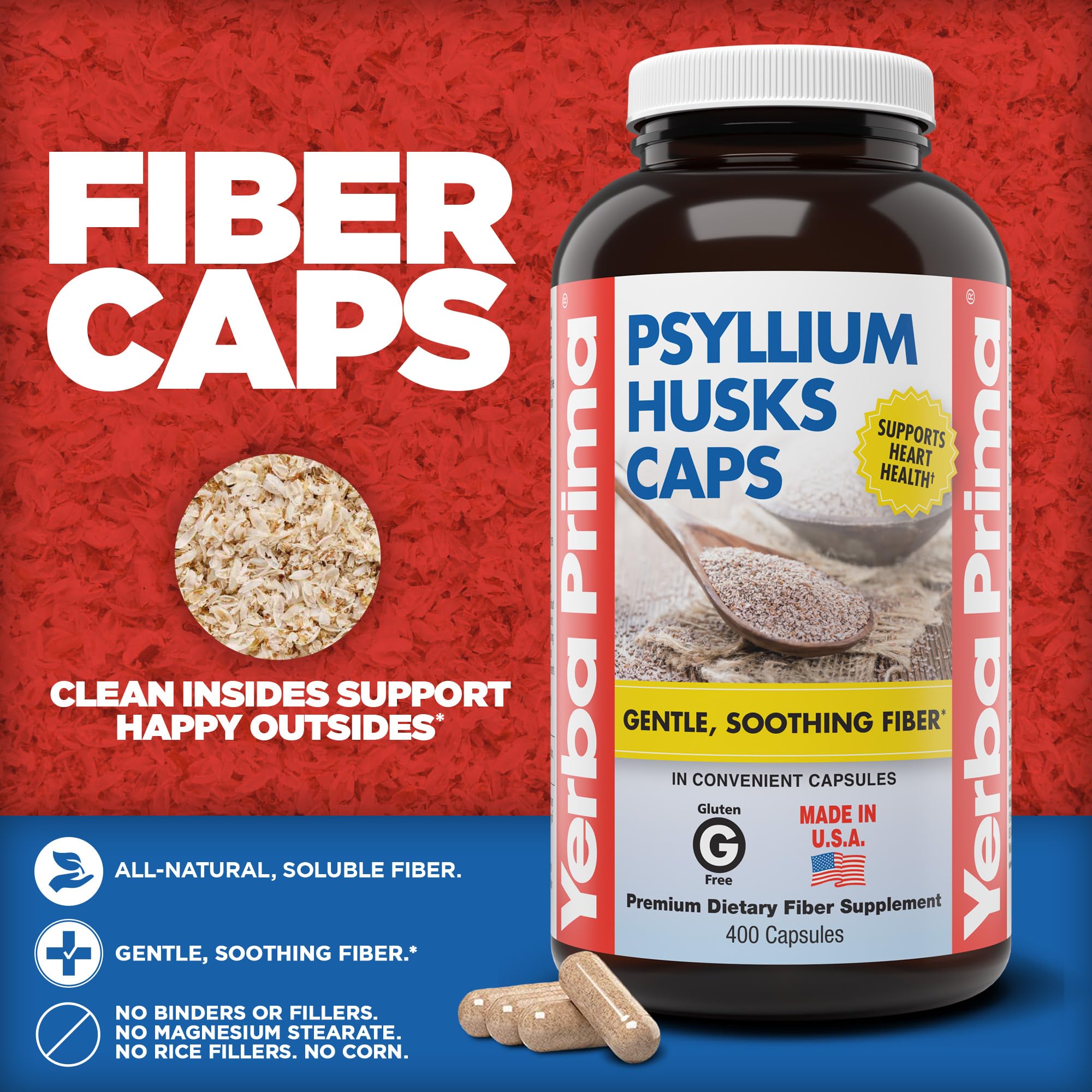 Yerba Prima Psyllium Husks Caps close-up of capsules for easy daily fiber.
