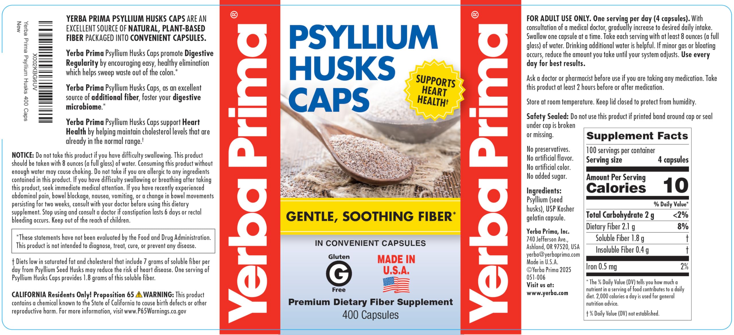 Yerba Prima Psyllium Husks Caps pack shot highlighting 400 capsules.