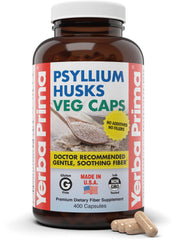 Yerba Prima psyllium husk capsules bottle supports daily fiber intake and gut health.