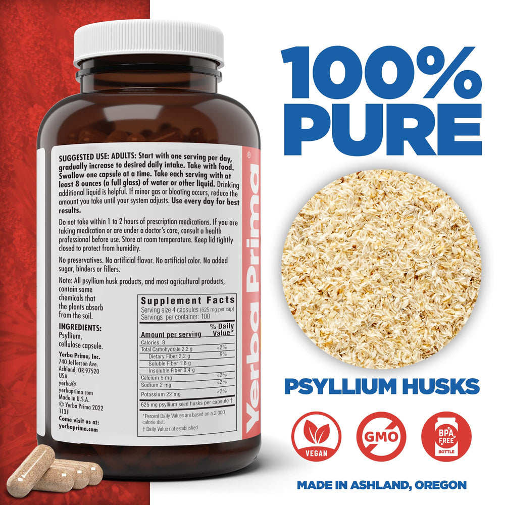 Yerba Prima psyllium husk capsules close-up highlights natural fiber content for regular use.