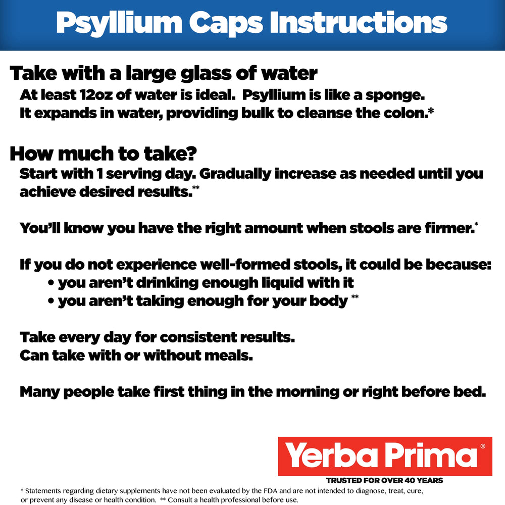Yerba Prima psyllium husk capsules dosage shot illustrates easy daily routine.