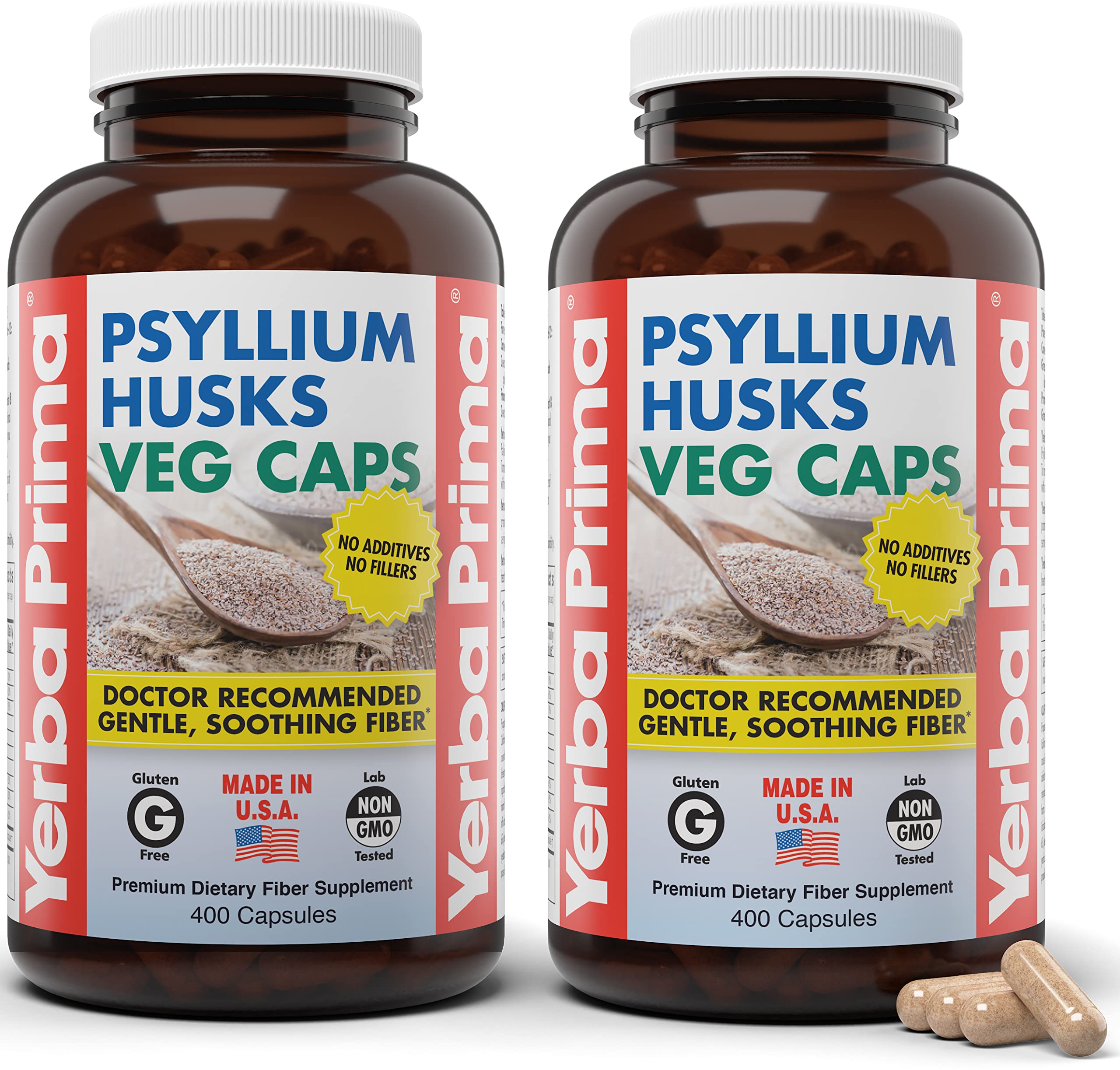 Yerba Prima psyllium husk capsules front view for daily fiber support.