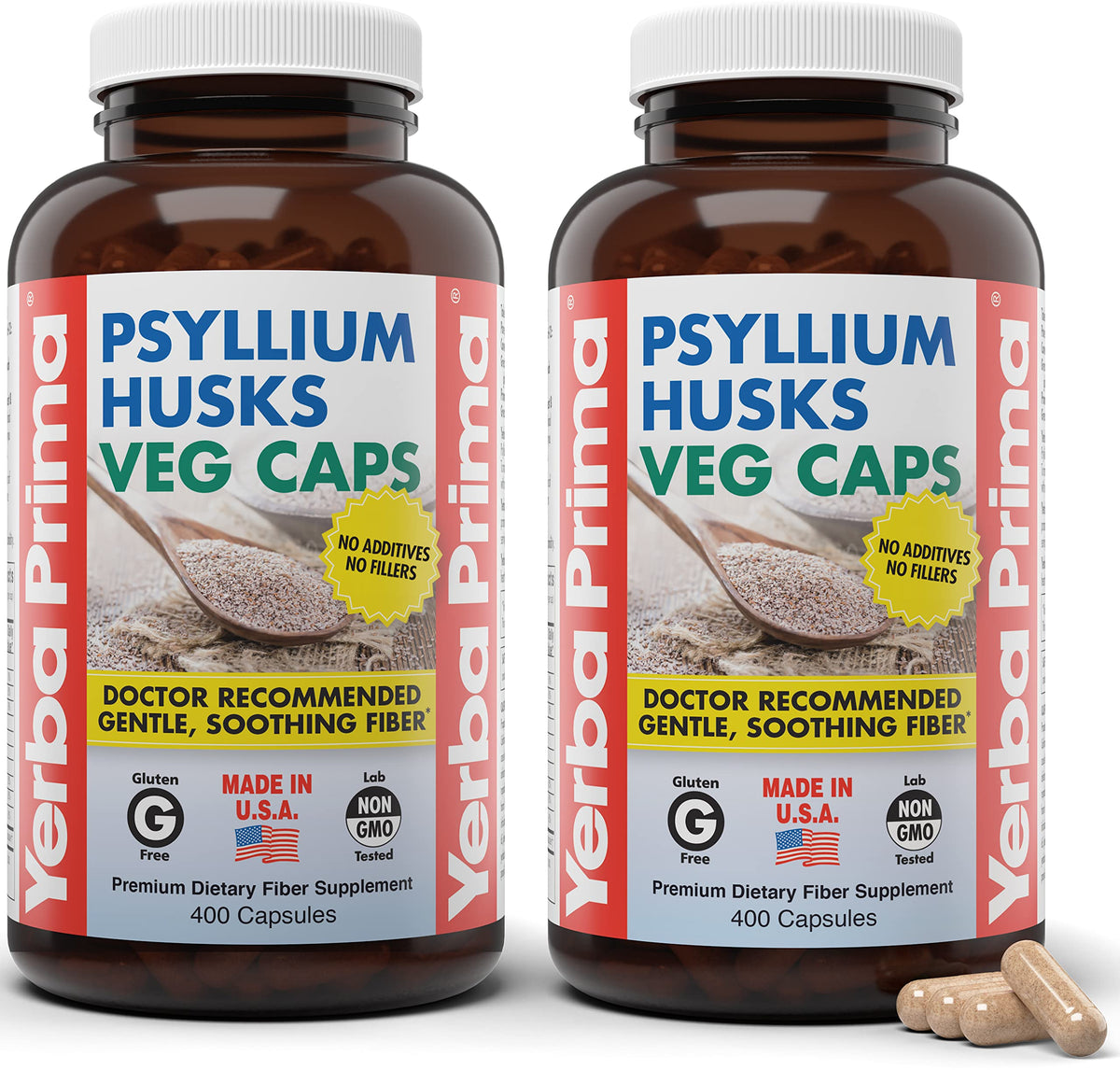 Yerba Prima psyllium husk capsules front view for daily fiber support.
