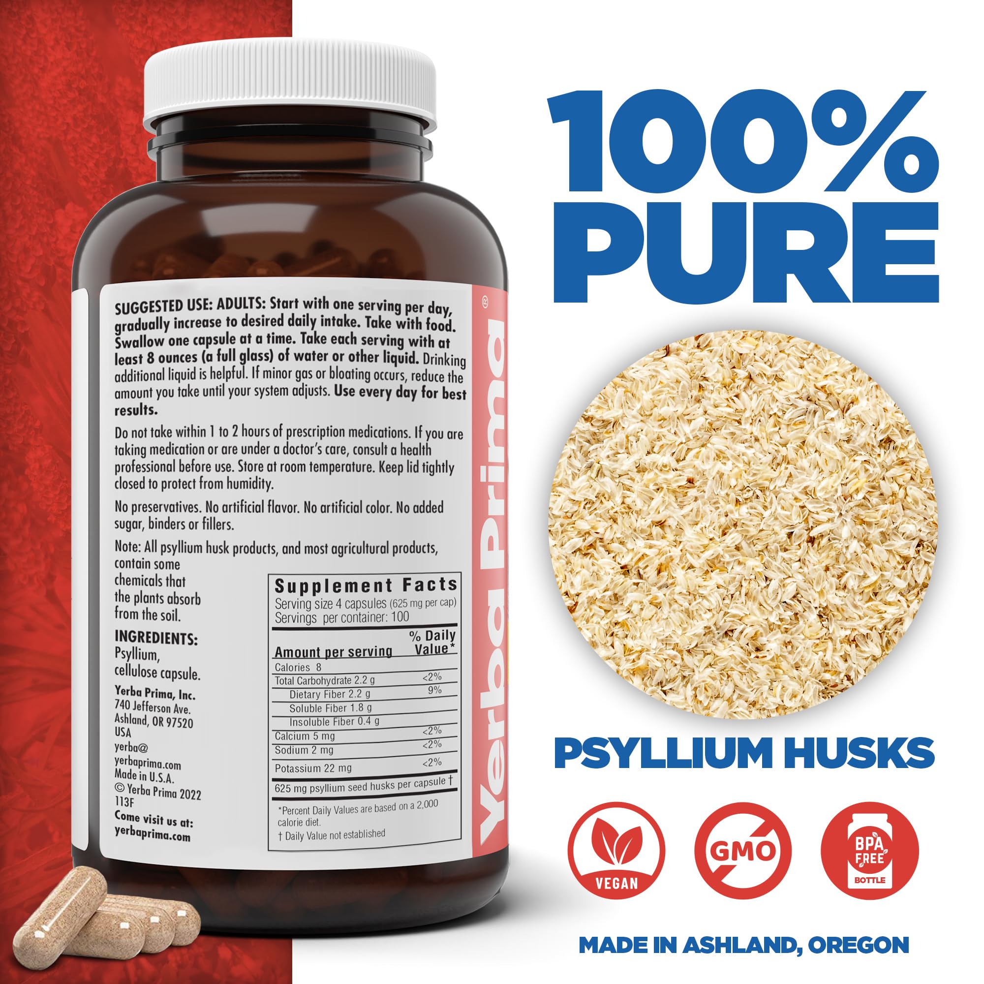 Yerba Prima psyllium husk capsules side view highlighting easy daily intake.