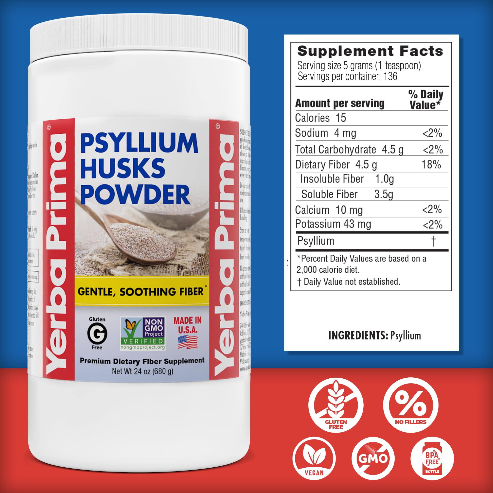 Yerba Prima psyllium husks powder bulk 24oz for daily fiber support.