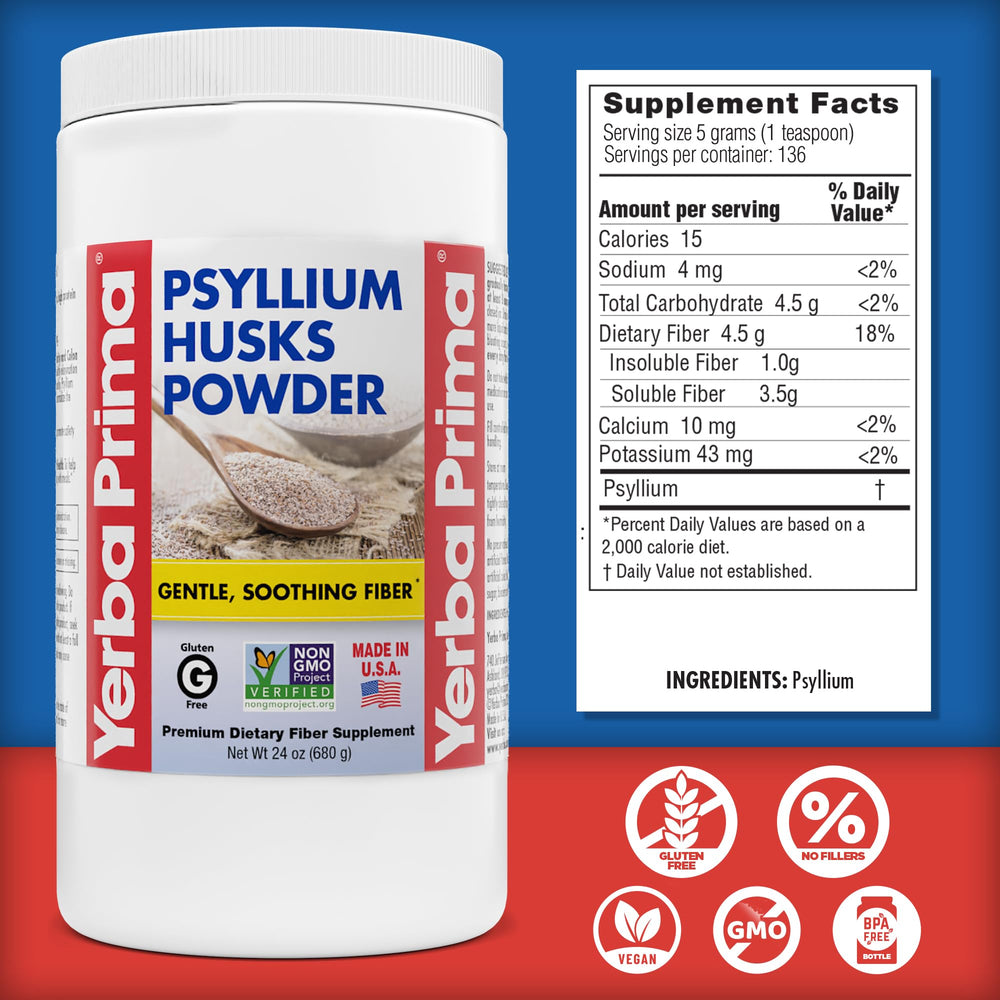 Yerba Prima psyllium husks powder bulk 24oz for daily fiber support.