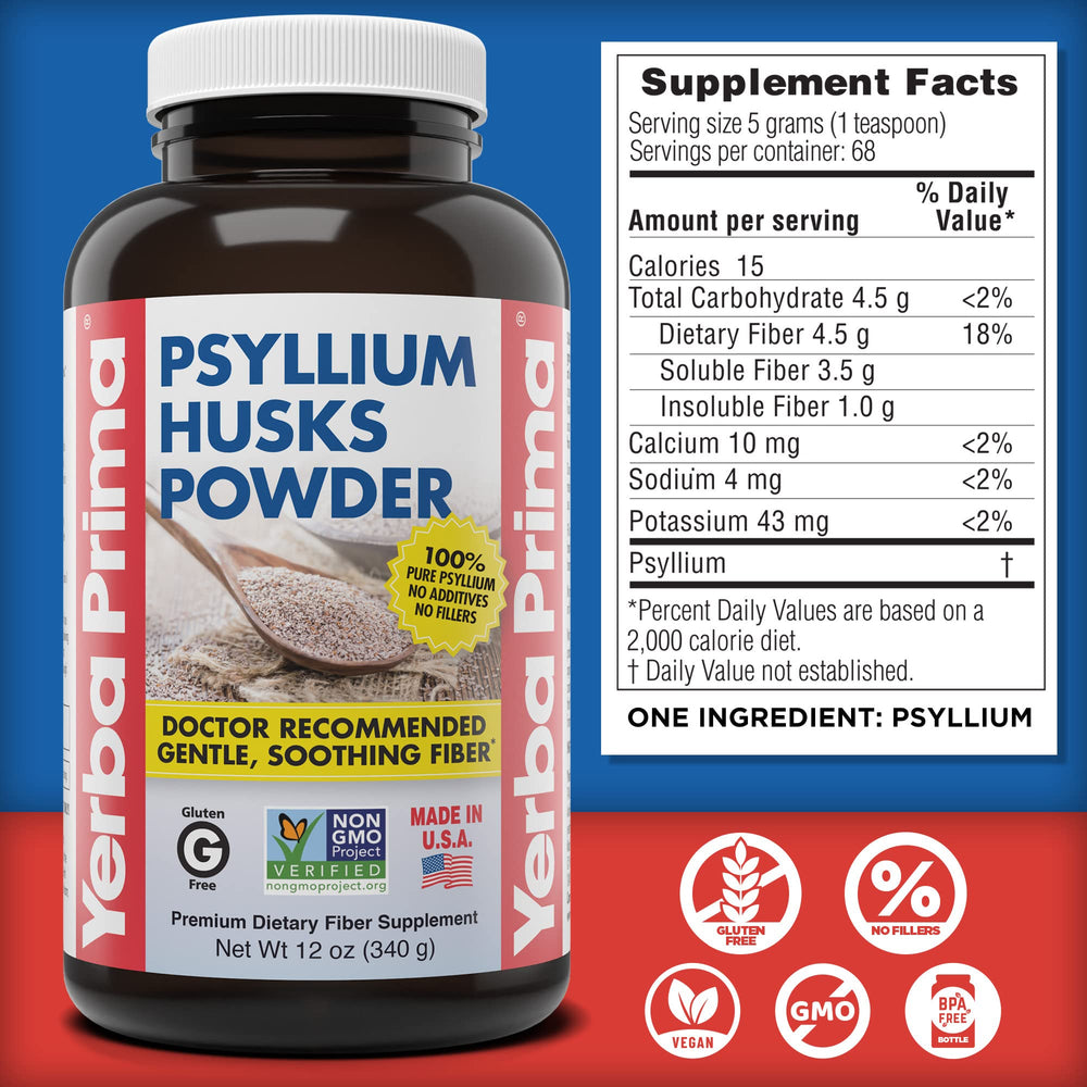 Yerba Prima Psyllium husks powder close-up on label showing purity.