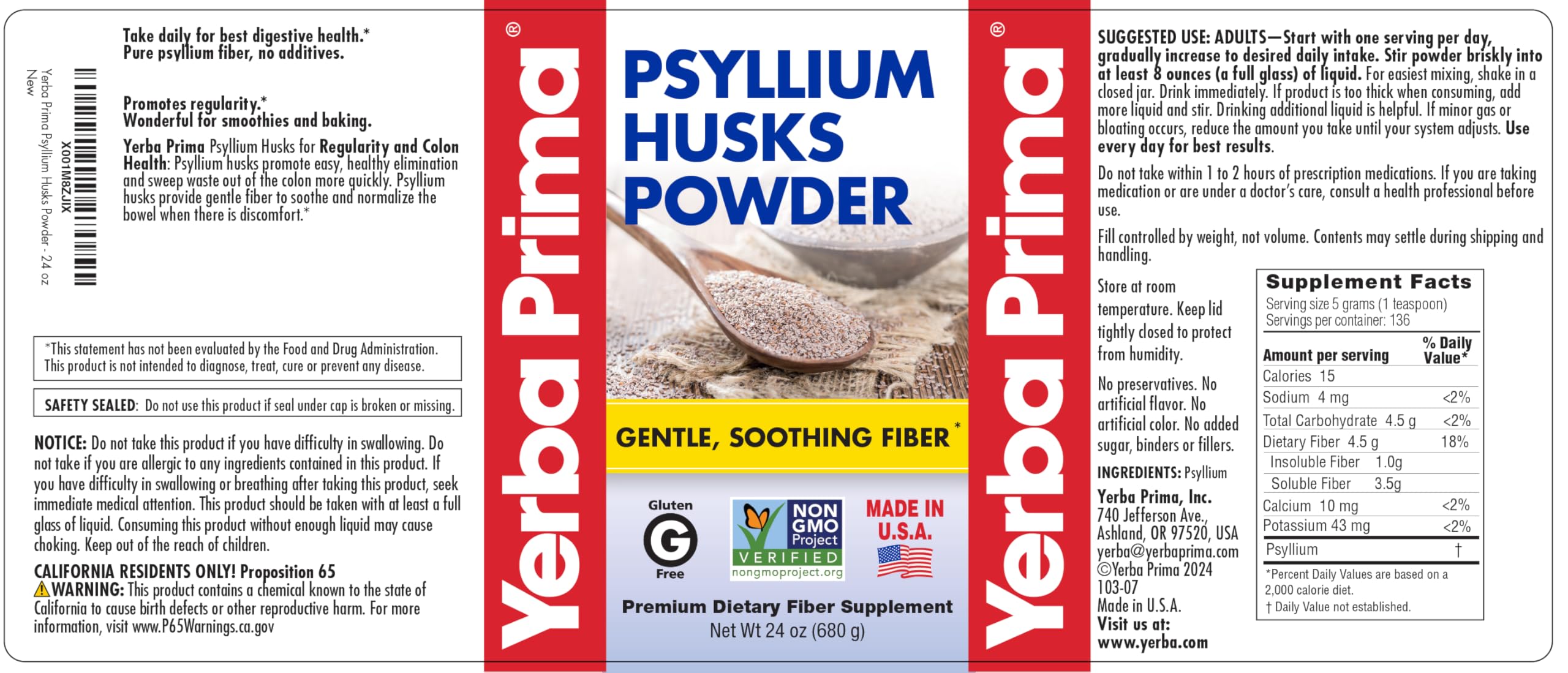 Yerba Prima psyllium husks powder non-GMO gluten-free.