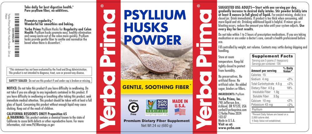 Yerba Prima psyllium husks powder non-GMO gluten-free.