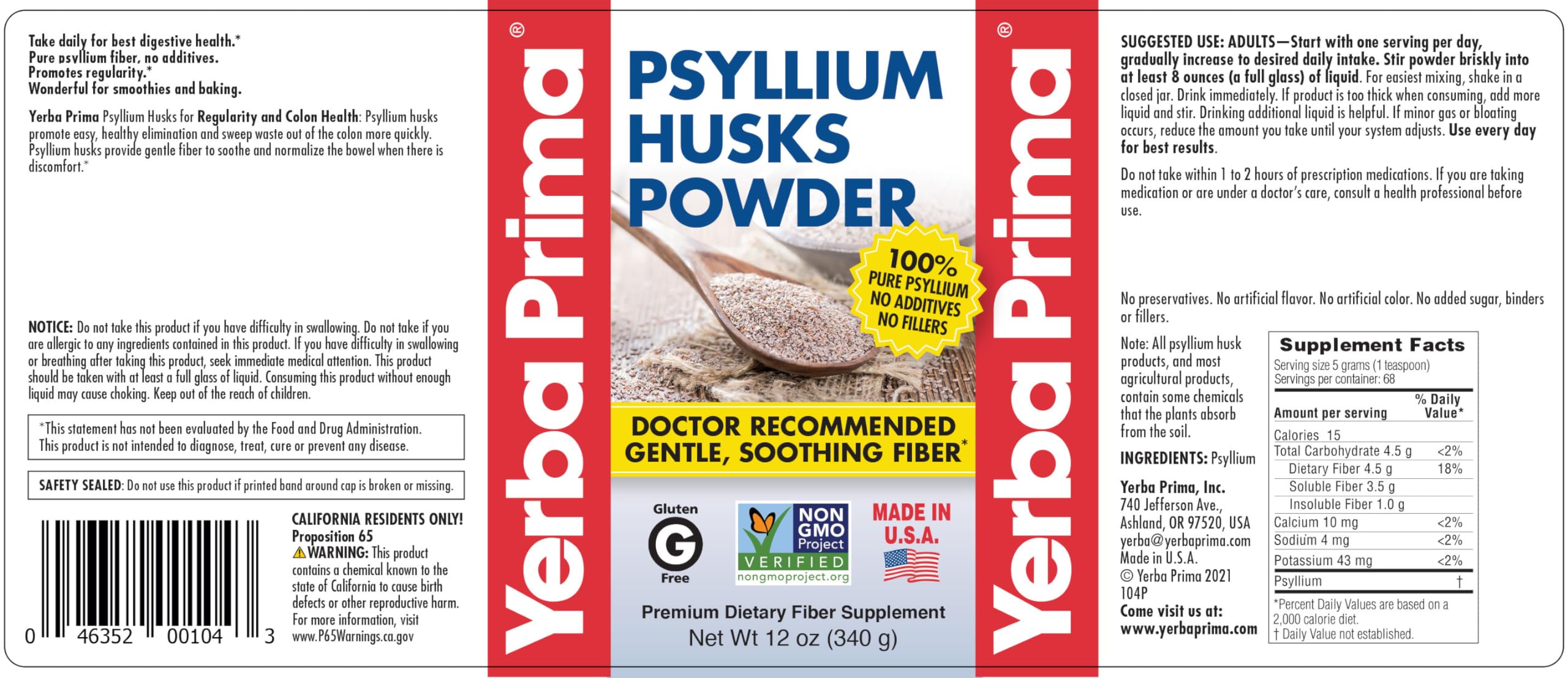 Yerba Prima Psyllium husks powder scoop for easy daily dosing.