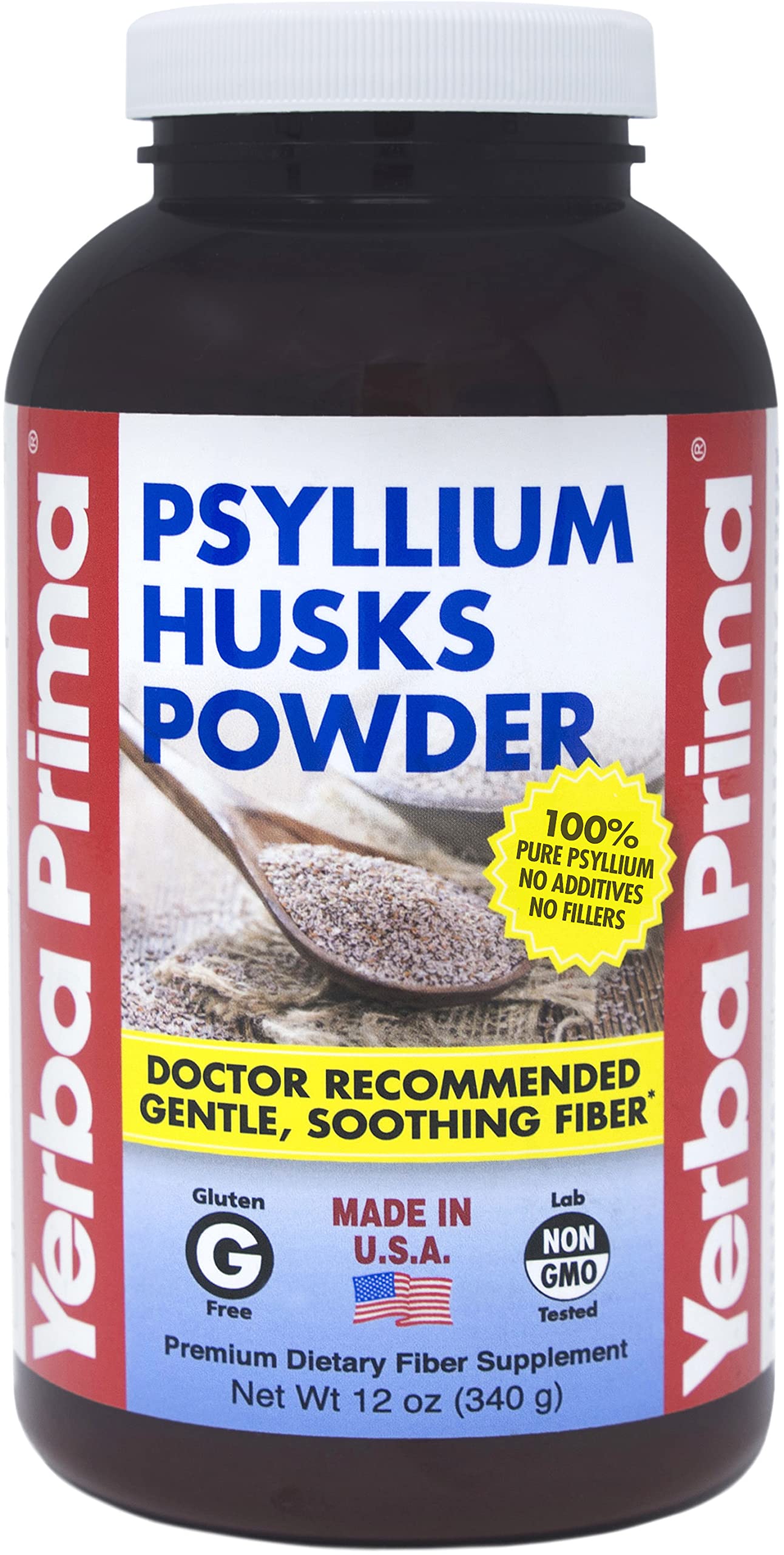 Yerba Prima Psyllium husks powder tub demonstrates daily fiber support.