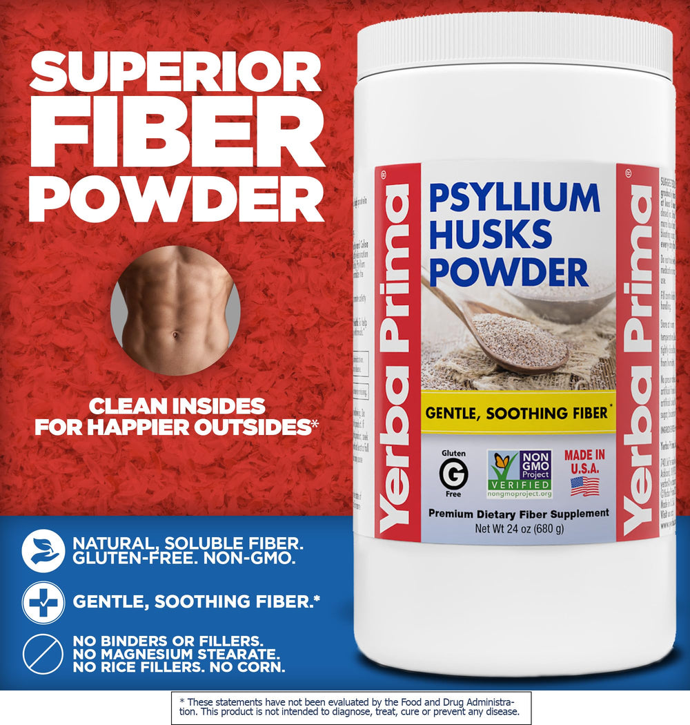 Yerba Prima psyllium husks powder unflavored fine-ground for versatile mixing.
