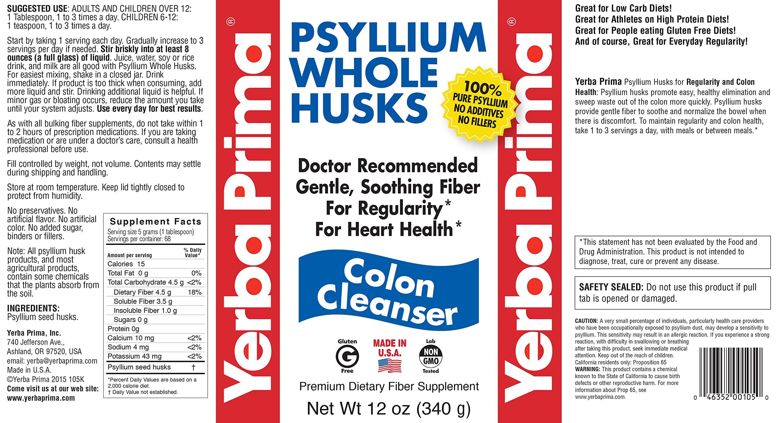 Yerba Prima psyllium lab-tested non-GMO seal