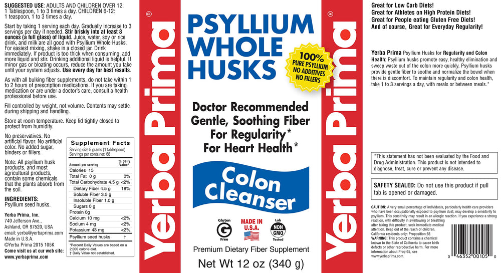 Yerba Prima psyllium lab-tested non-GMO seal