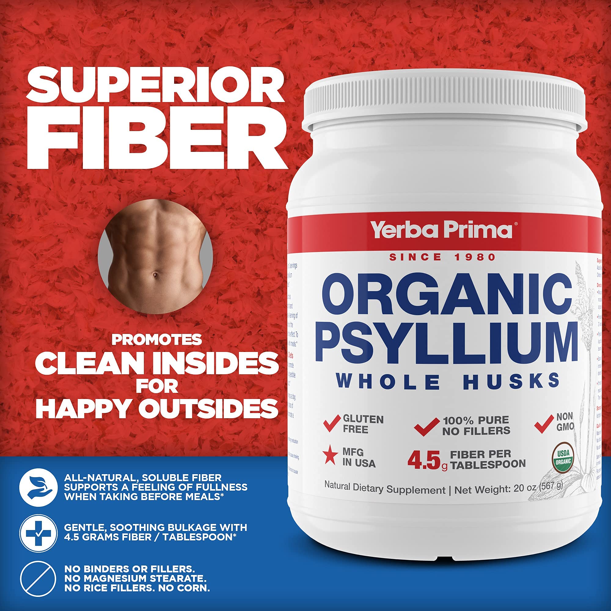 Yerba Prima psyllium powder close-up showing natural fiber granules