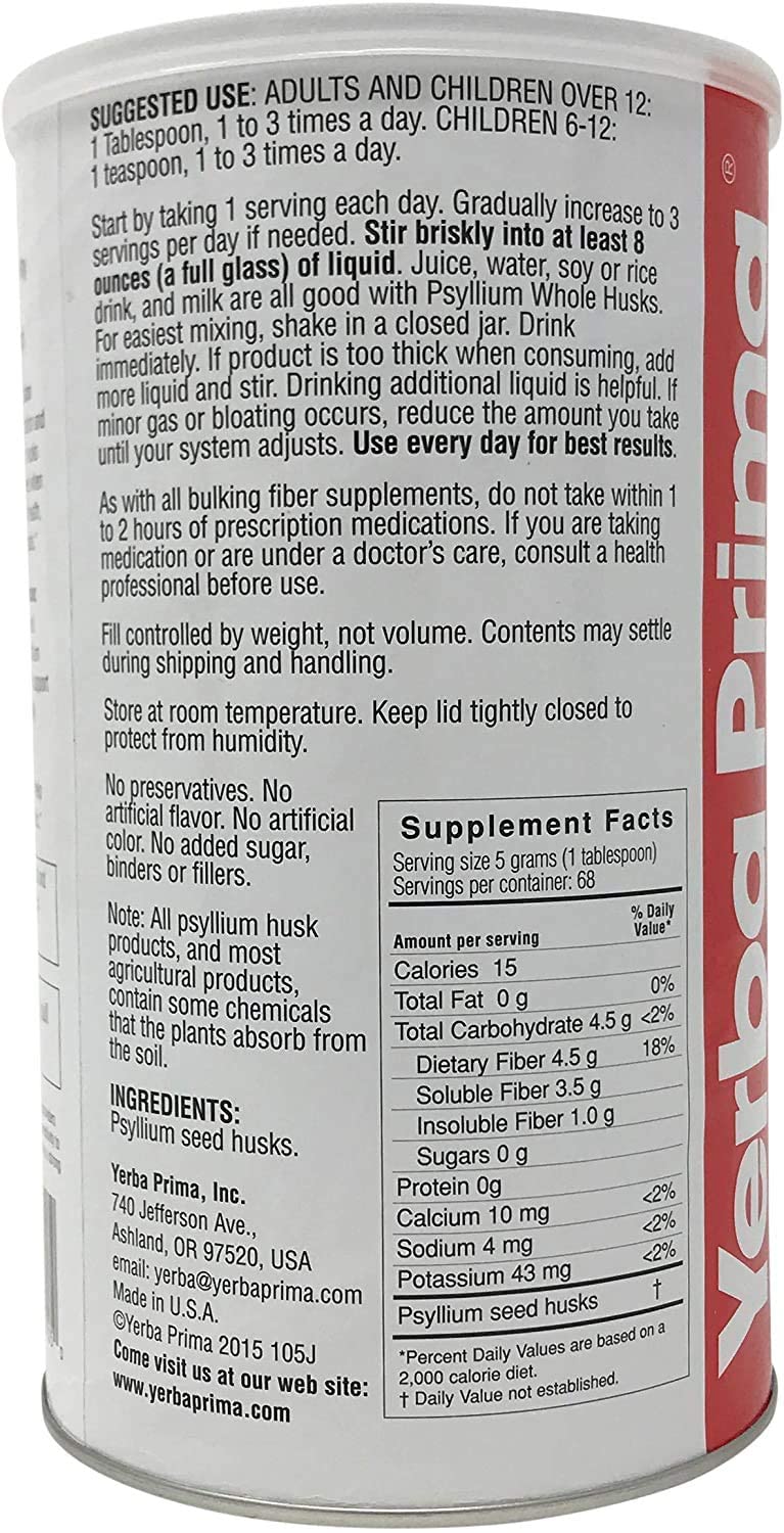 Yerba Prima psyllium bottle with 40-year trust badge